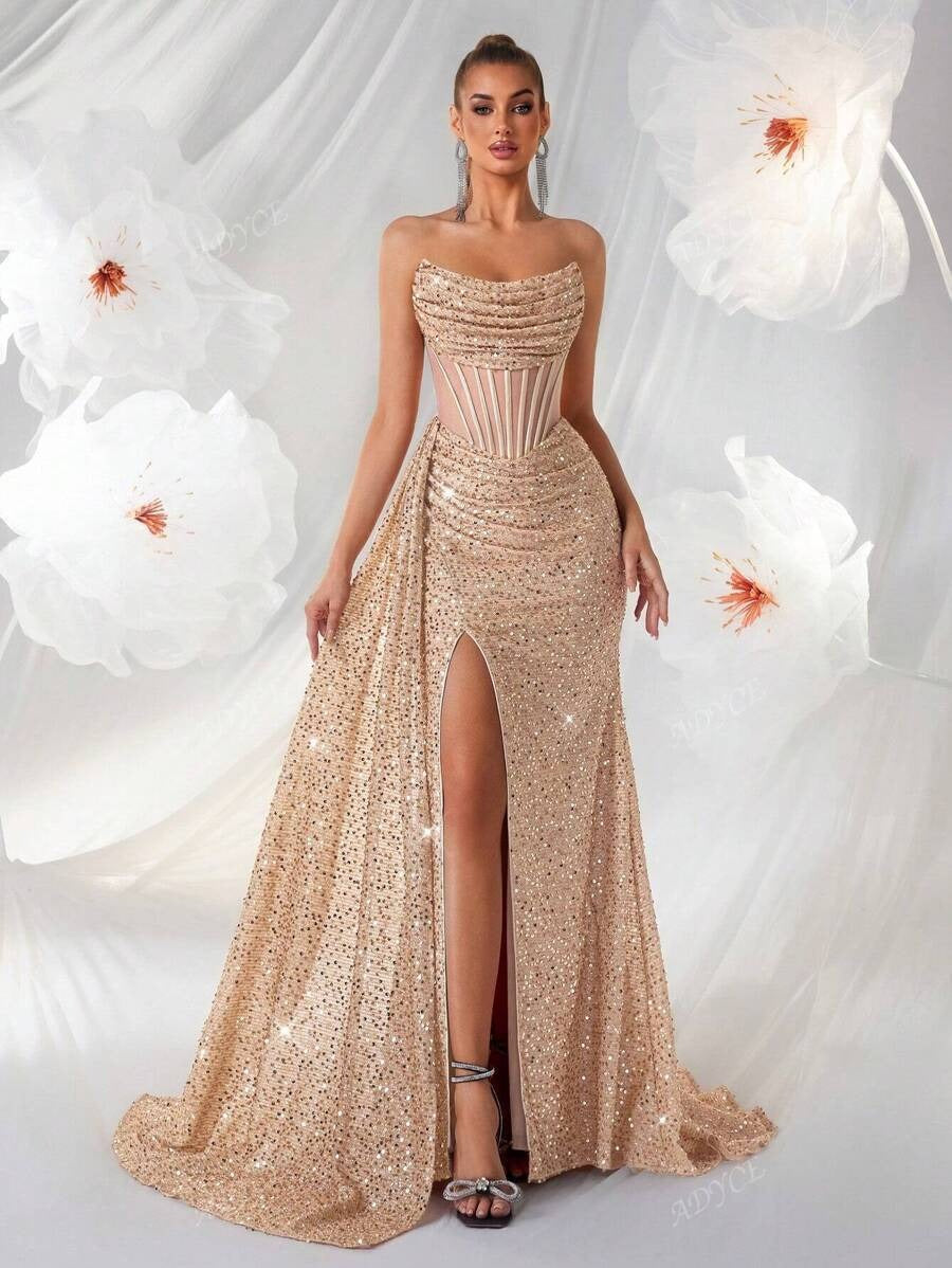 Women's Embellished Maxi Dress – Sheer Structured Bodice