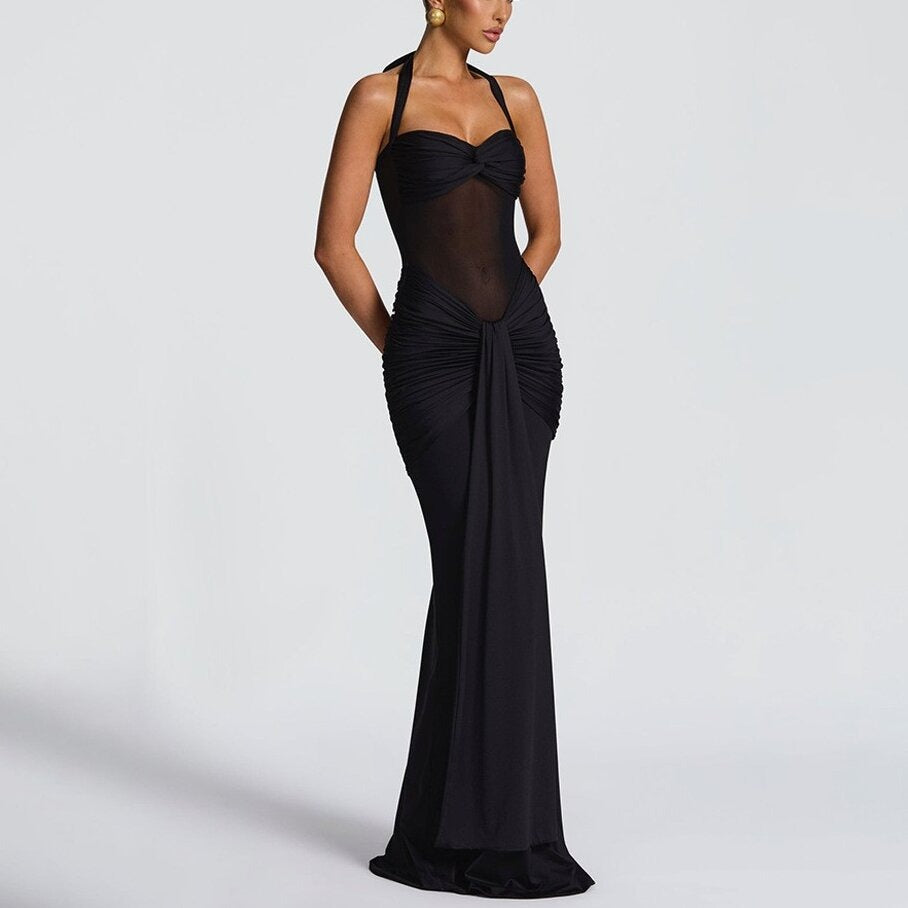 Women's Ruched Maxi Dress – Sheer Panel Detail