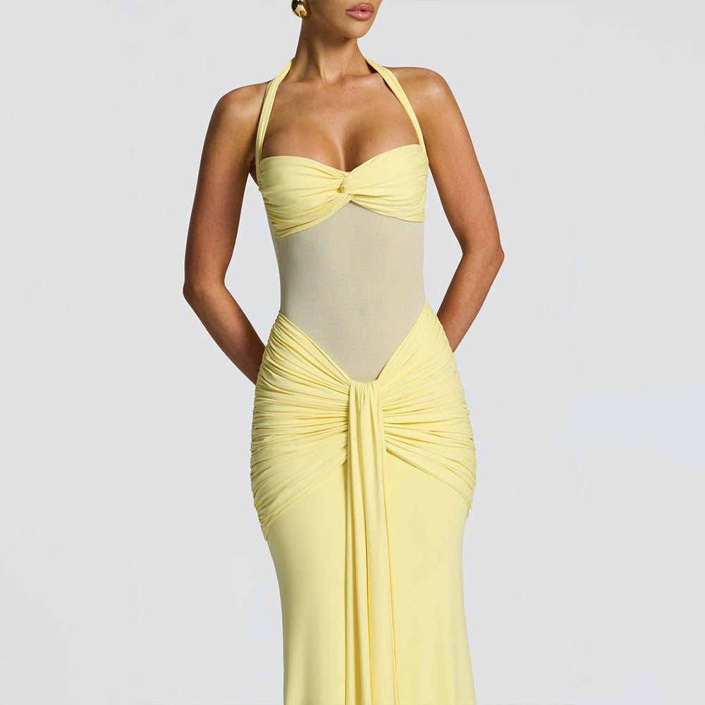 Women's Ruched Maxi Dress – Sheer Panel Detail