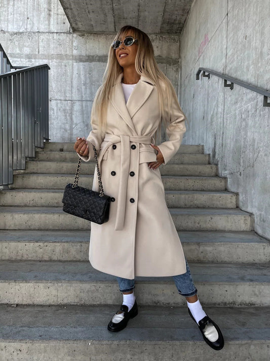 Women's Double-Breasted Long Coat – Belted Notch Lapel