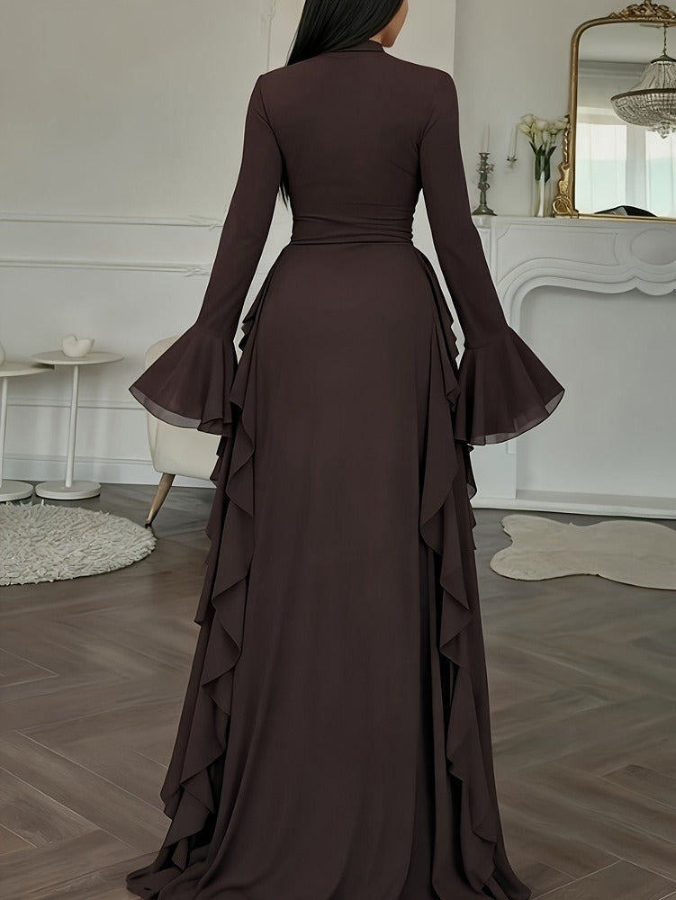 Women's Ruffled Maxi Dress – Flared Sleeve Floor Length