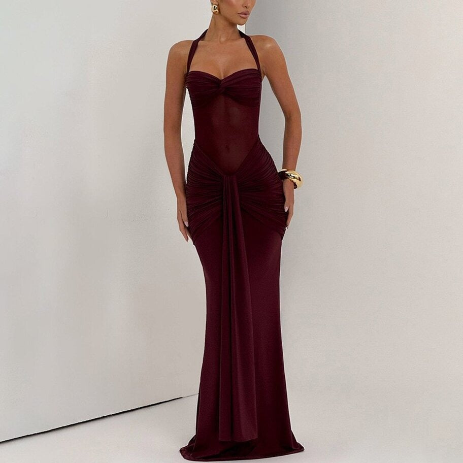 Women's Ruched Maxi Dress – Sheer Panel Detail