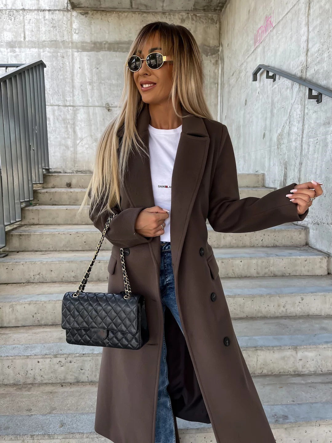 Women's Double-Breasted Long Coat – Belted Notch Lapel