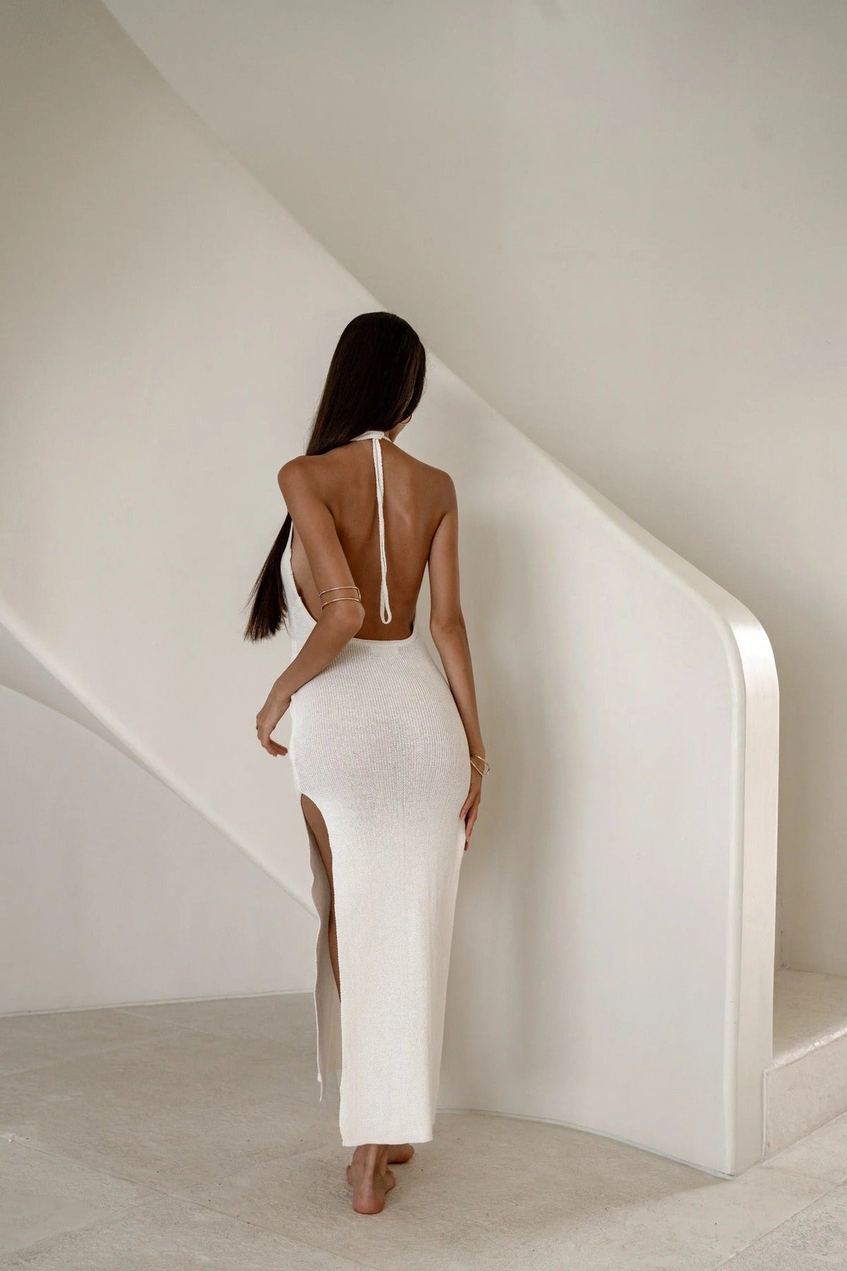 Women's Ribbed Knit Maxi Dress – Open Back Slim Fit