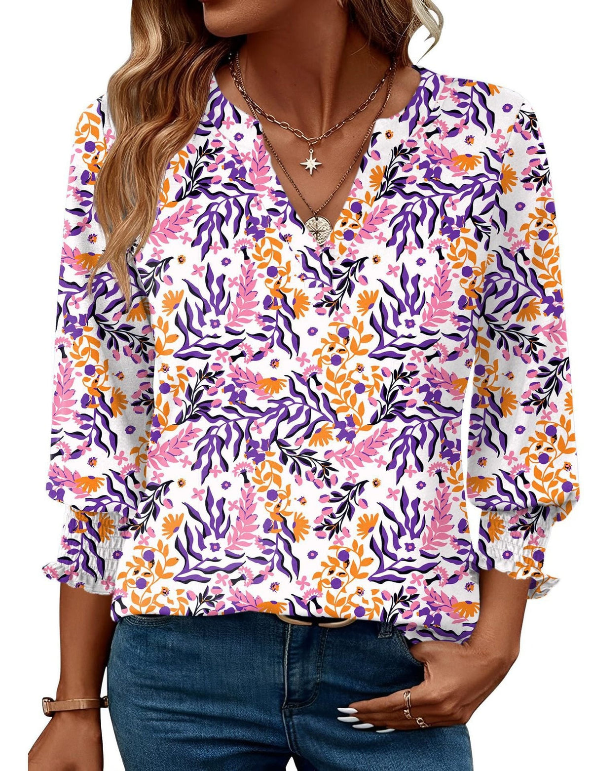 Women's Printed Blouse – Relaxed Three-Quarter Sleeve