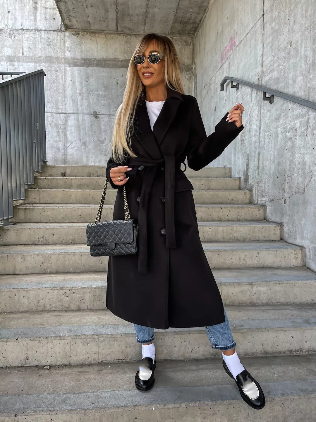 Women's Double-Breasted Long Coat – Belted Notch Lapel