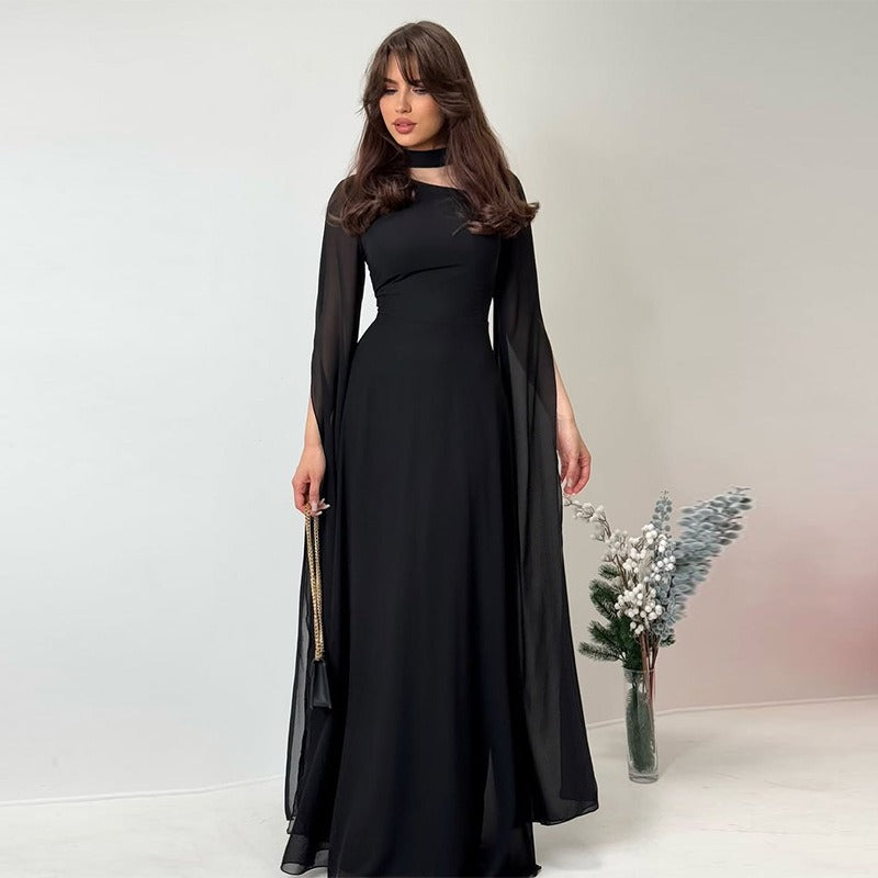 Women's A-Line Maxi Dress – Asymmetric Cutout Neckline