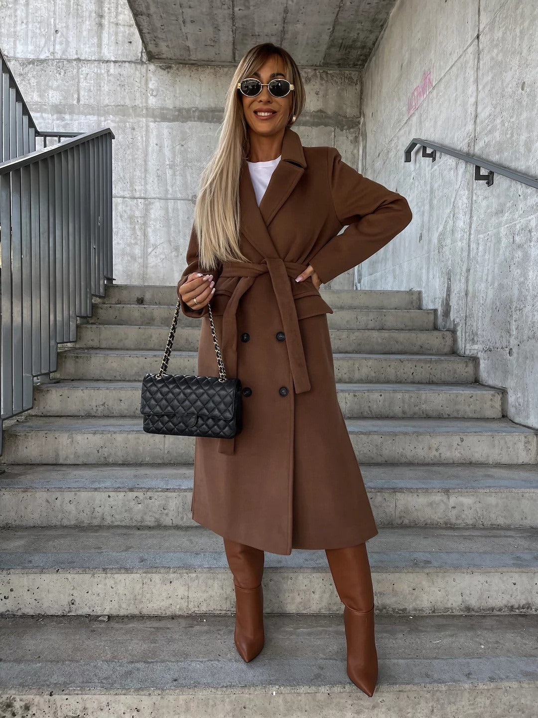Women's Double-Breasted Long Coat – Belted Notch Lapel