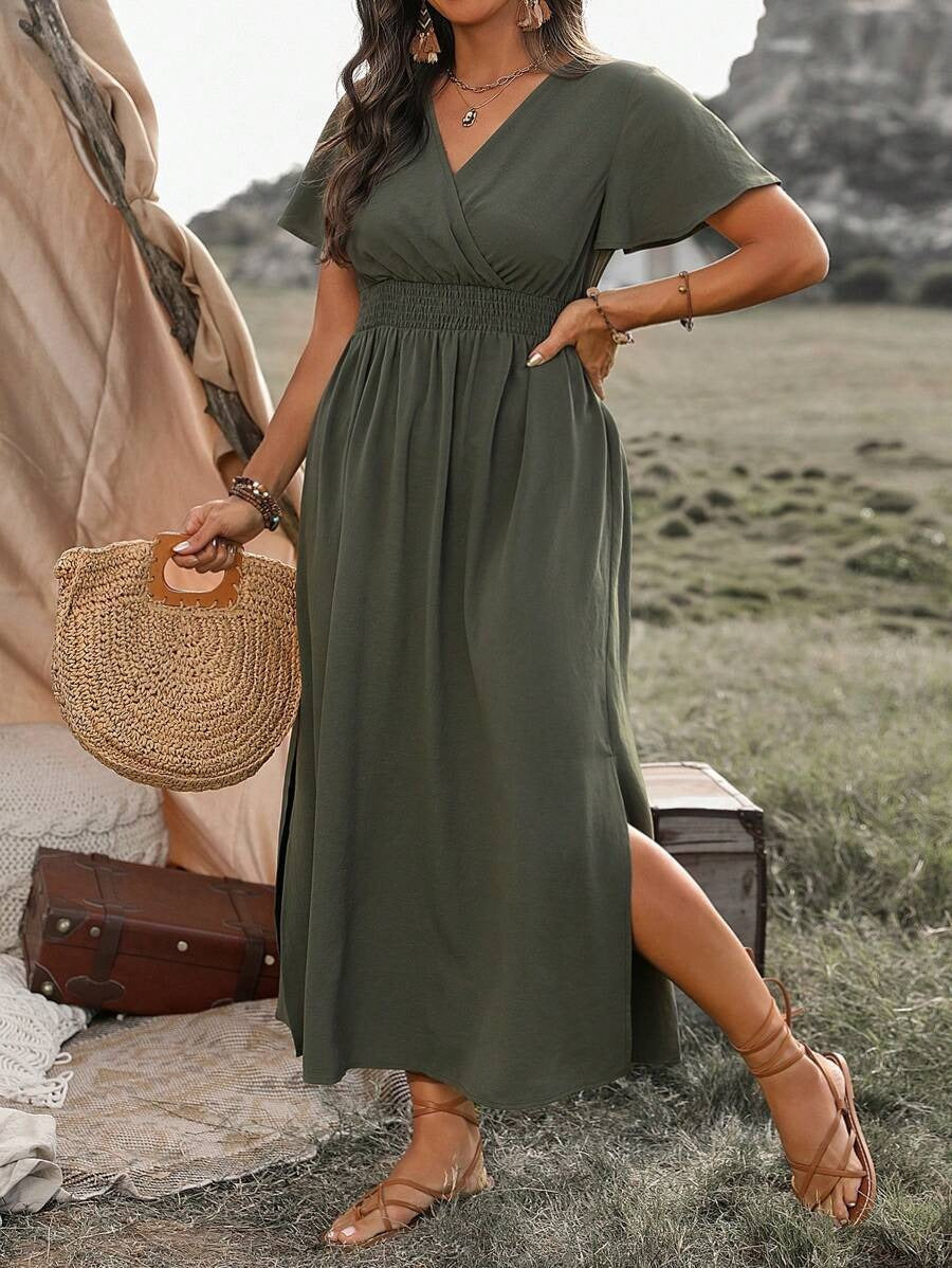 Women's Flared-Sleeve Maxi Dress – V-Neck with Front Slit