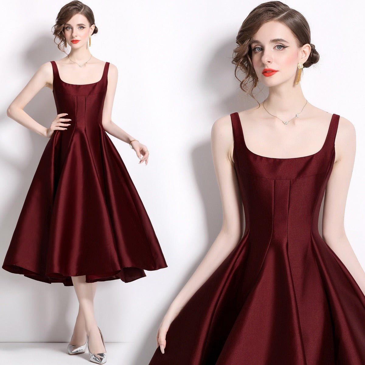 Women's Strappy Midi Dress – Vintage Fitted Silhouette