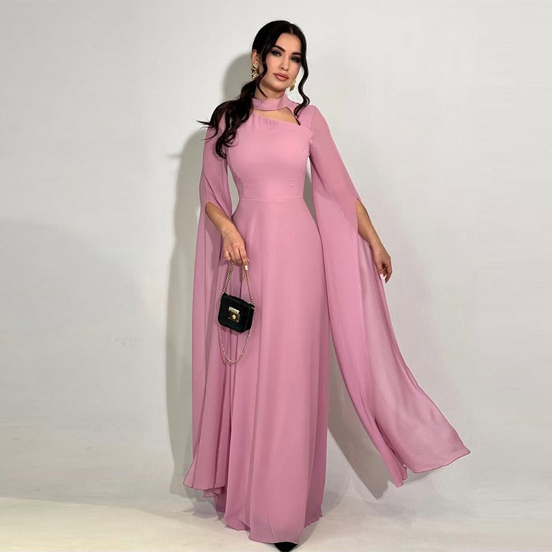 Women's A-Line Maxi Dress – Asymmetric Cutout Neckline