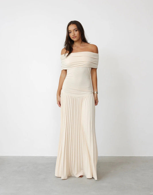 Women's Off-Shoulder Maxi Dress – Pleated Relaxed Fit
