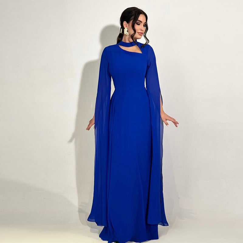 Women's A-Line Maxi Dress – Asymmetric Cutout Neckline
