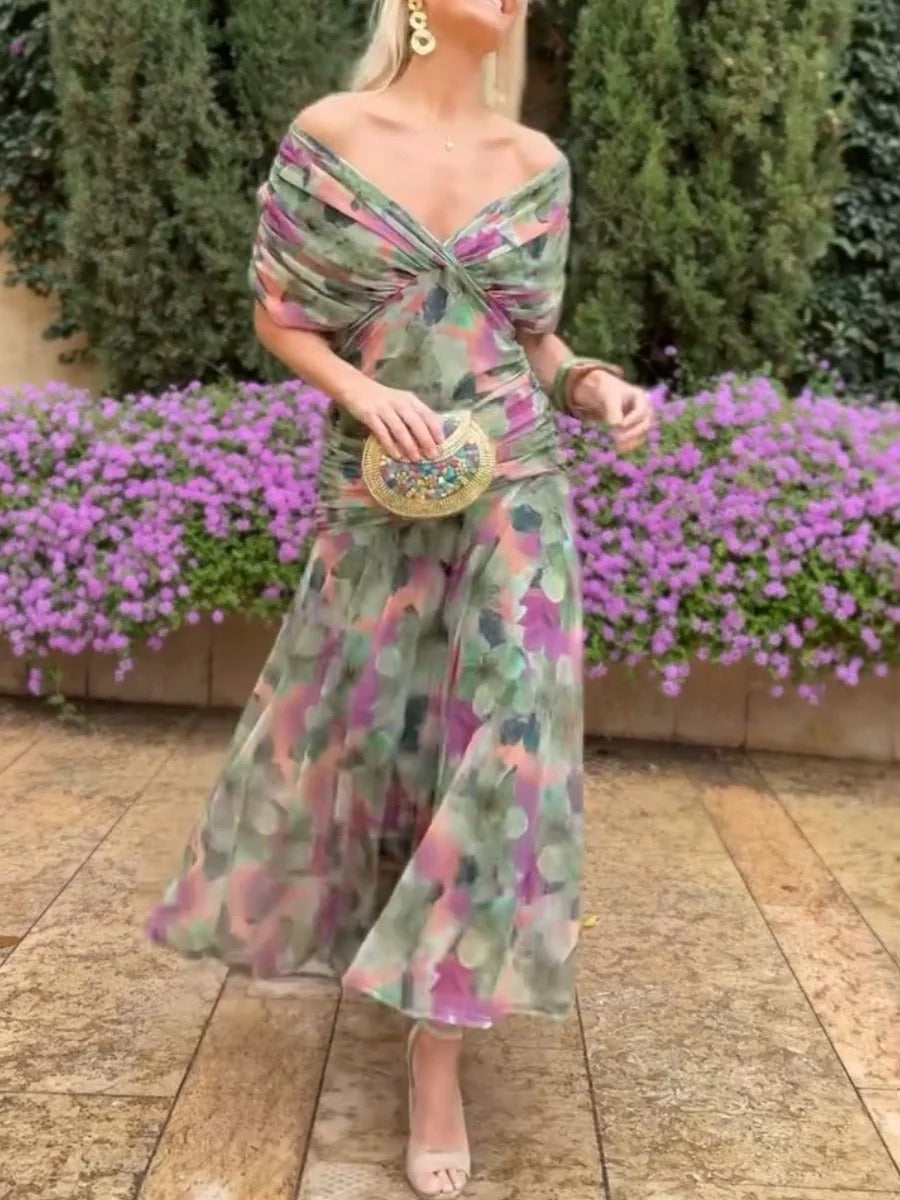 Women's Chiffon Maxi Dress – Printed V-Neck Short Sleeve