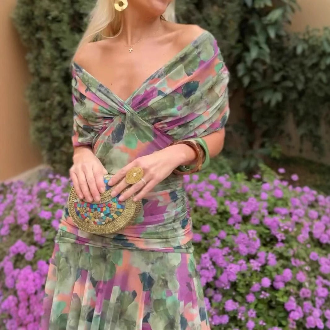 Women's Chiffon Maxi Dress – Printed V-Neck Short Sleeve