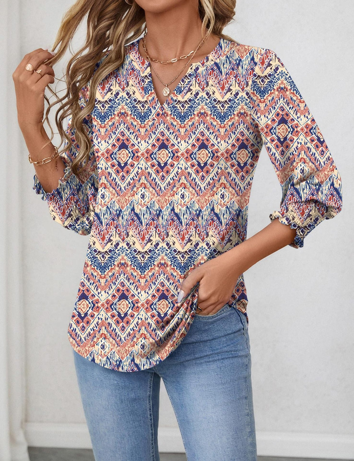 Women's Printed Blouse – Relaxed Three-Quarter Sleeve