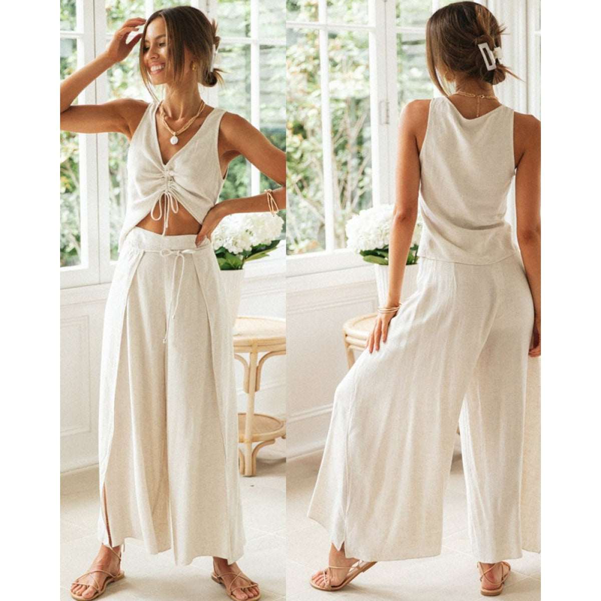 Women's Textured Two-Piece Set – Crop Top & Wide-Leg Pants