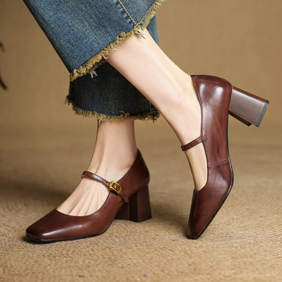 Women's Leather Block Heel Pumps – Square Toe