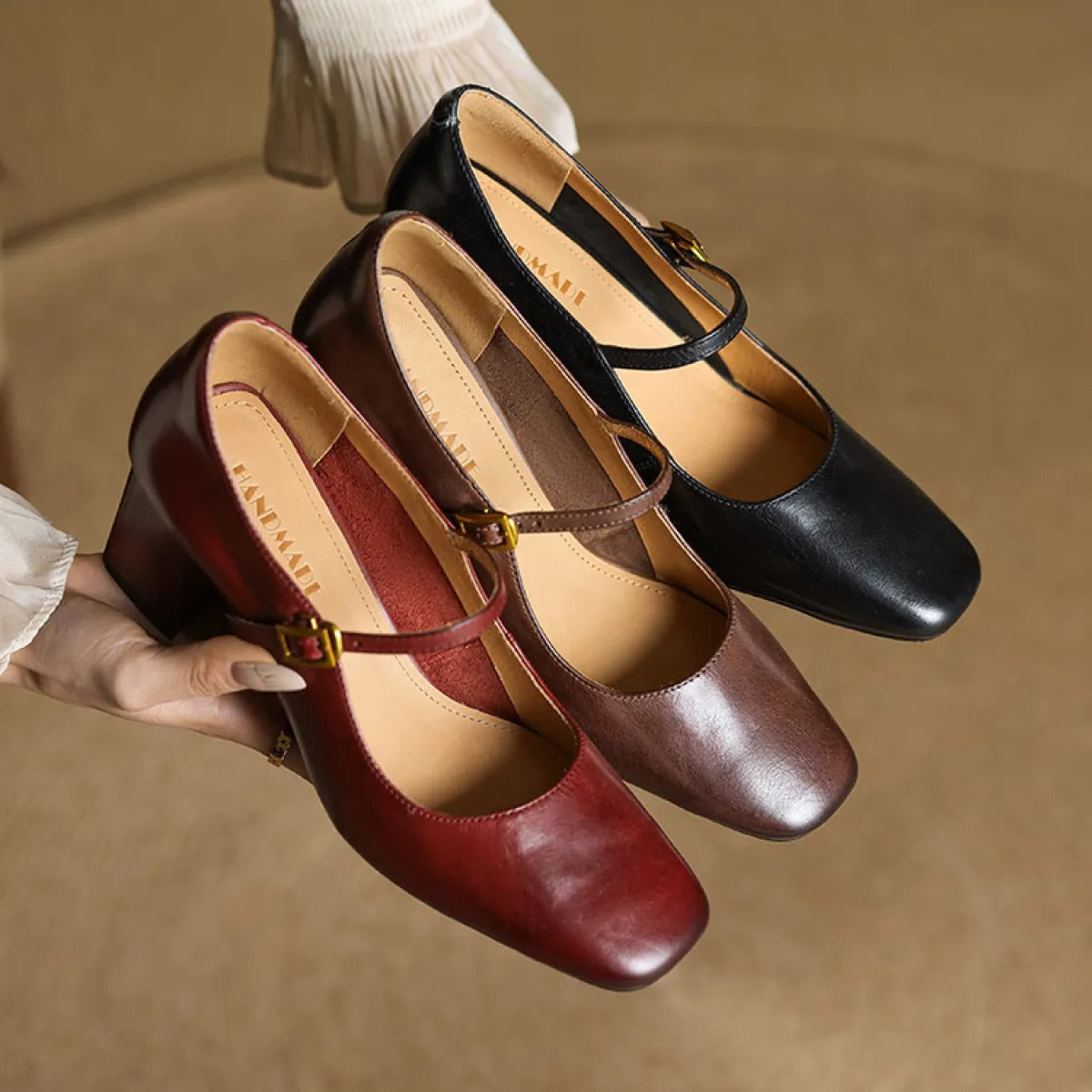 Women's Leather Block Heel Pumps – Square Toe