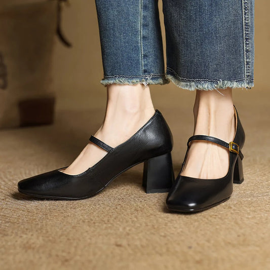 Women's Leather Block Heel Pumps – Square Toe