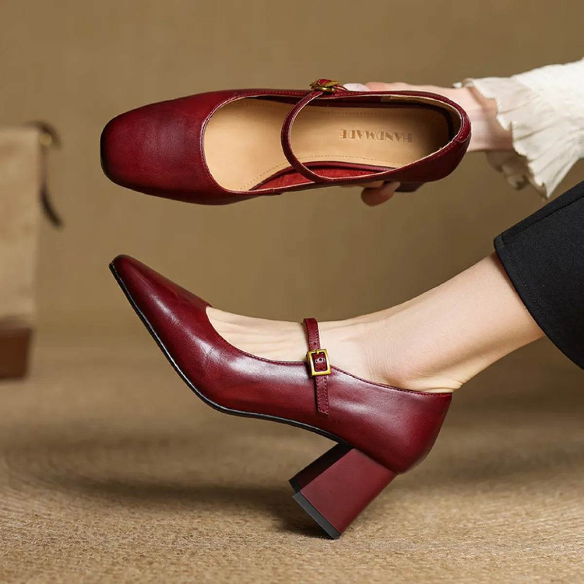 Women's Leather Block Heel Pumps – Square Toe