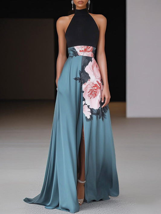 Women's Floral Halter Maxi Dress – Sleeveless Front Slit