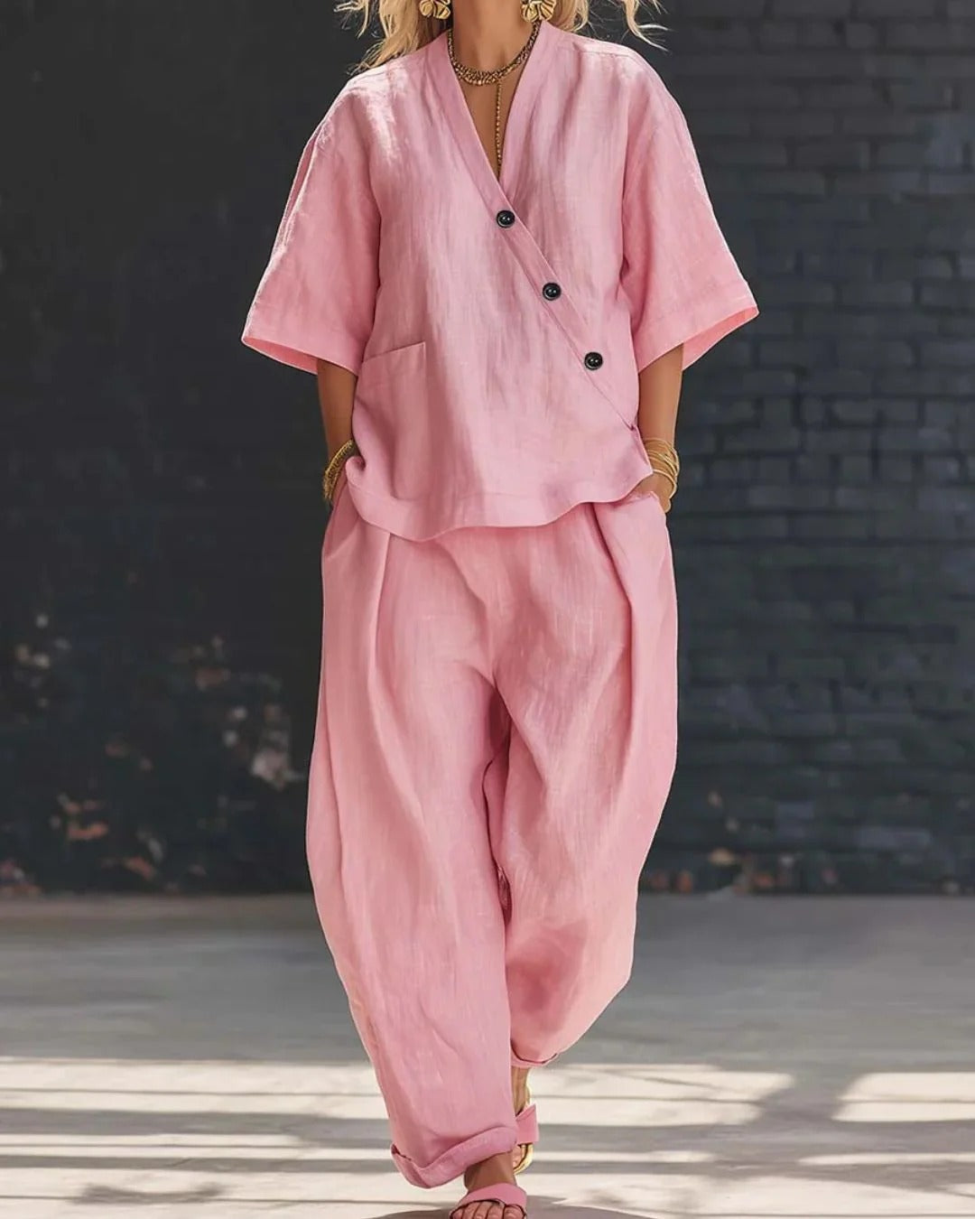 Women's V-Neck Top and Wide-Leg Pants Set – Relaxed Two-Piece
