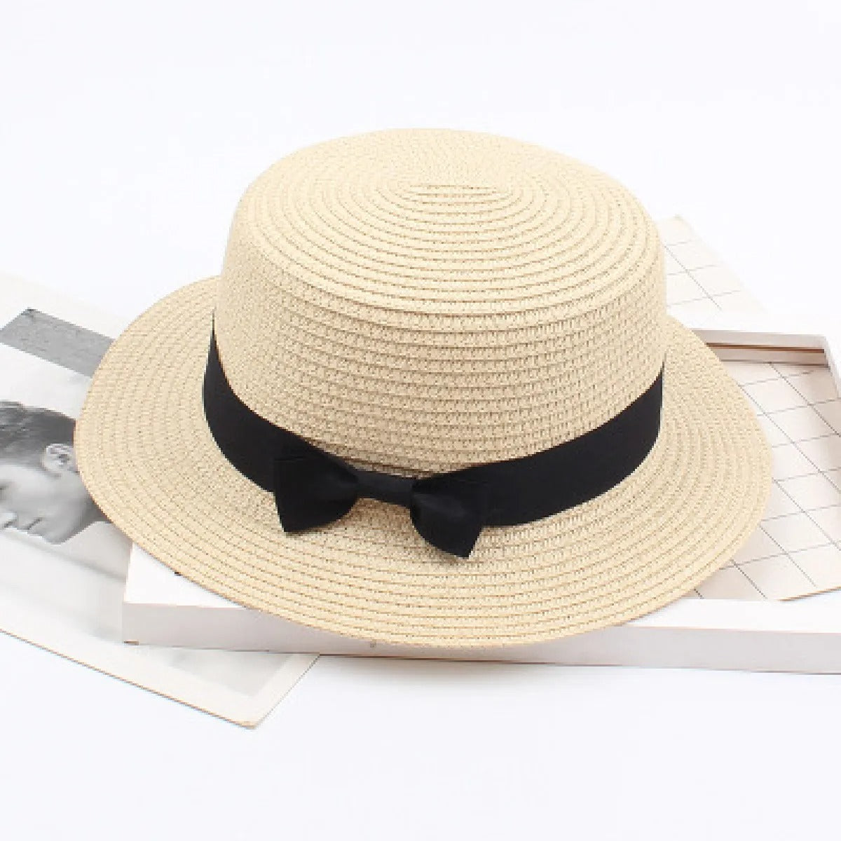Women's Straw Boater Hat – Flat Crown Ribbon Band