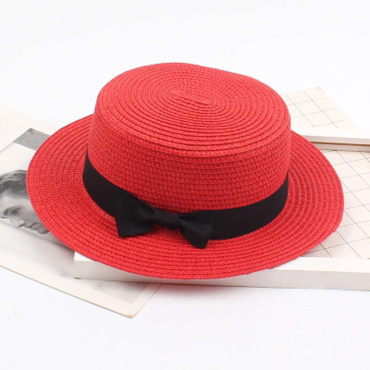 Women's Straw Boater Hat – Flat Crown Ribbon Band