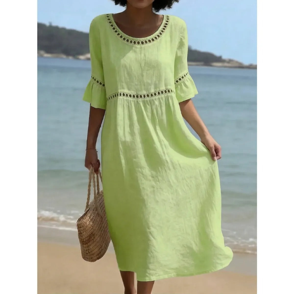 Women's Crew Neck Midi Dress – Three-Quarter Sleeve