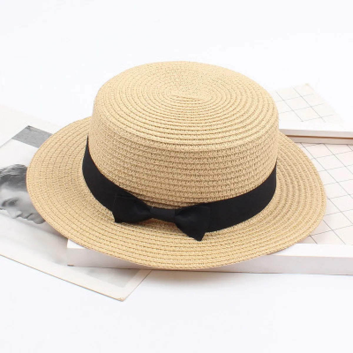 Women's Straw Boater Hat – Flat Crown Ribbon Band