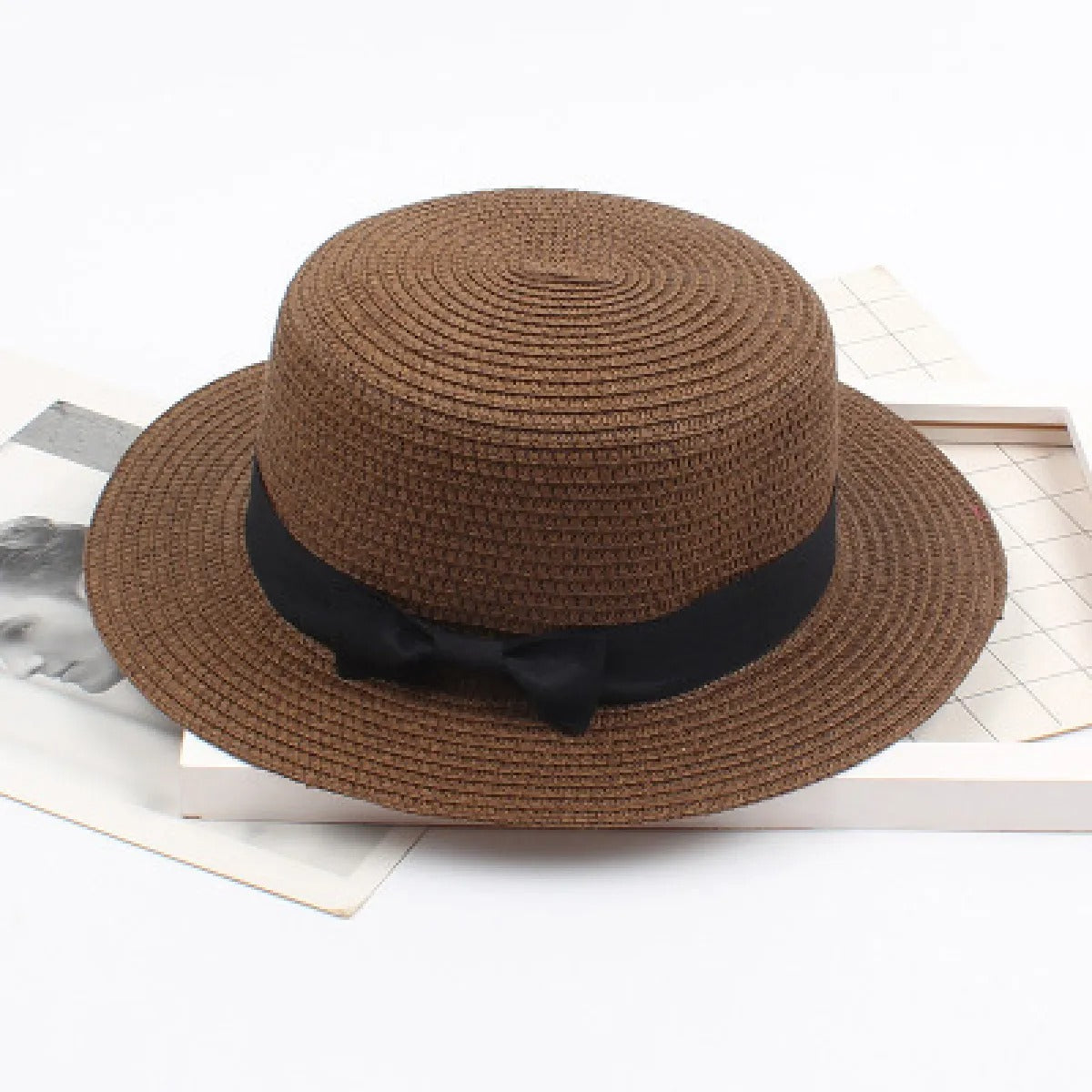 Women's Straw Boater Hat – Flat Crown Ribbon Band