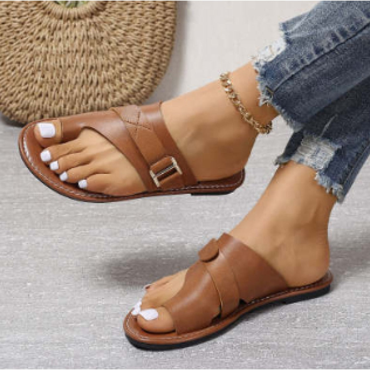 Women's Leather Flat Sandals – Square Toe Buckle Strap
