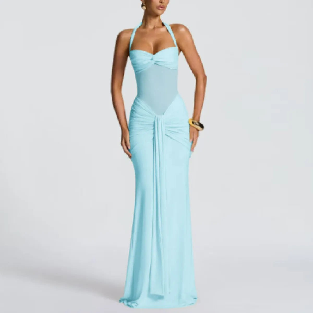 Women's Halterneck Maxi Dress – Twist Front Ruched Bodice