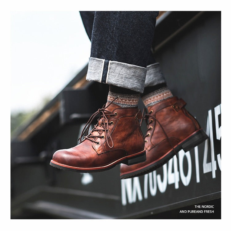 Men's Lace-Up Leather Boot – Round Toe Ankle Support