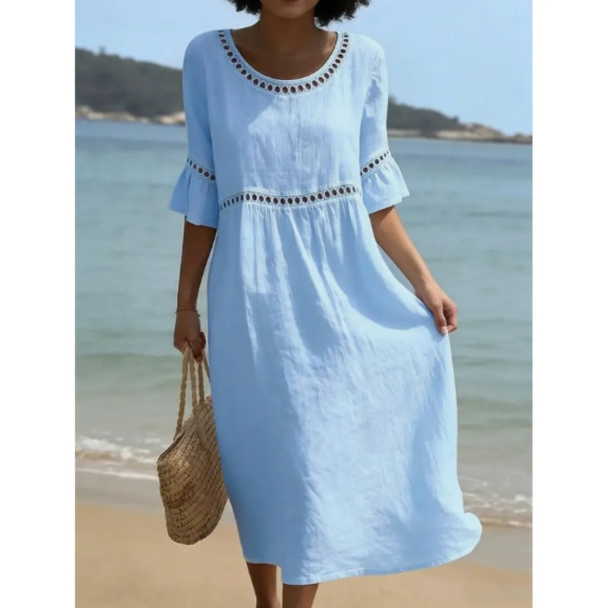 Women's Crew Neck Midi Dress – Three-Quarter Sleeve