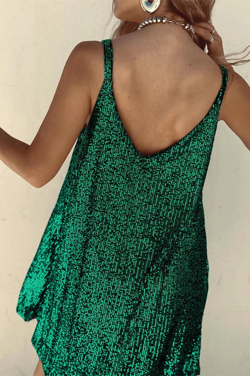 Women's Sequin Mini Dress – Plunging V-Back Bodycon