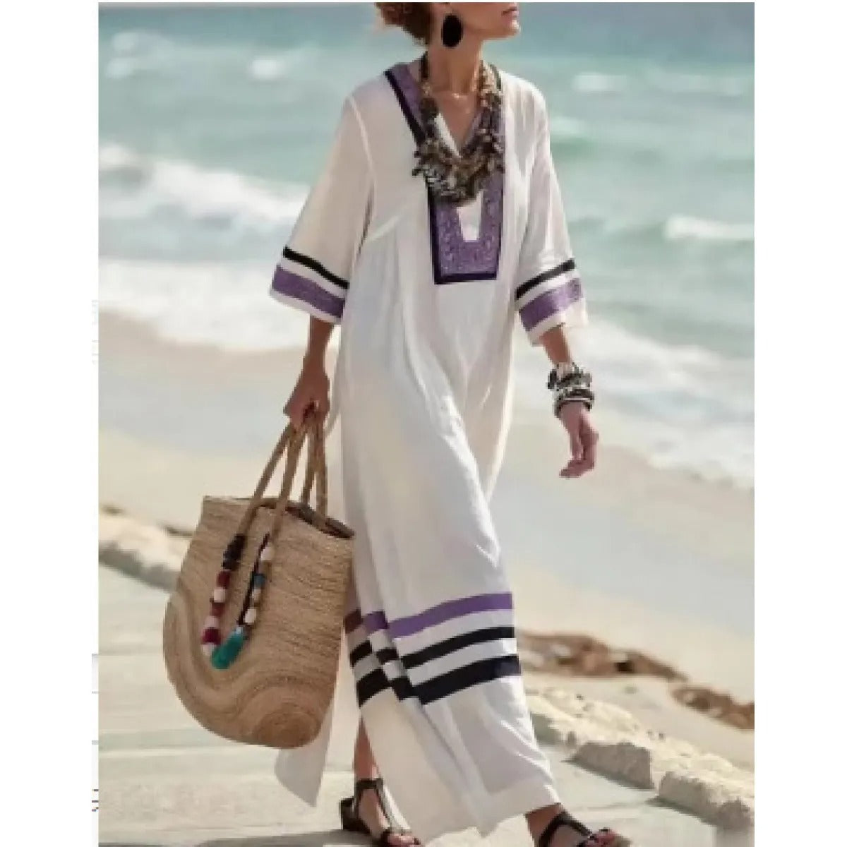 Women's Kaftan Maxi Dress – V-Neck Stripe Trim