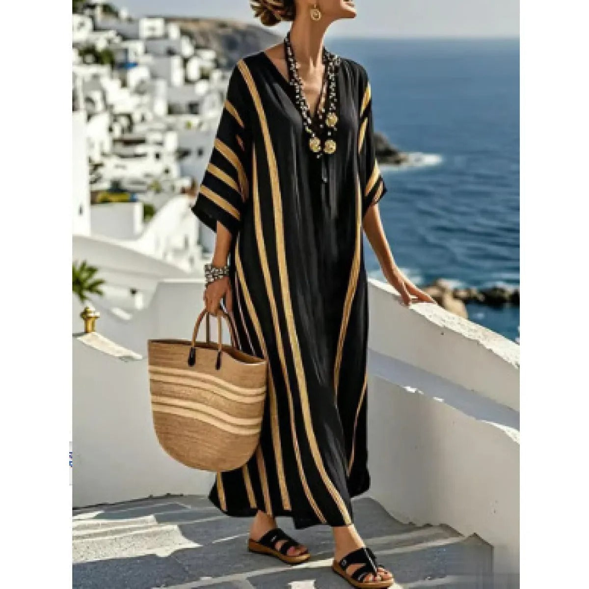 Women's Kaftan Maxi Dress – V-Neck Stripe Trim