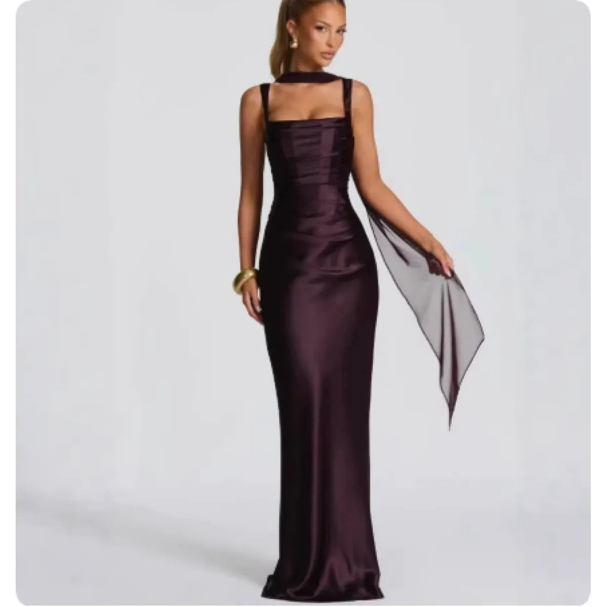 Women's Satin Maxi Dress – Draped Waist Detail