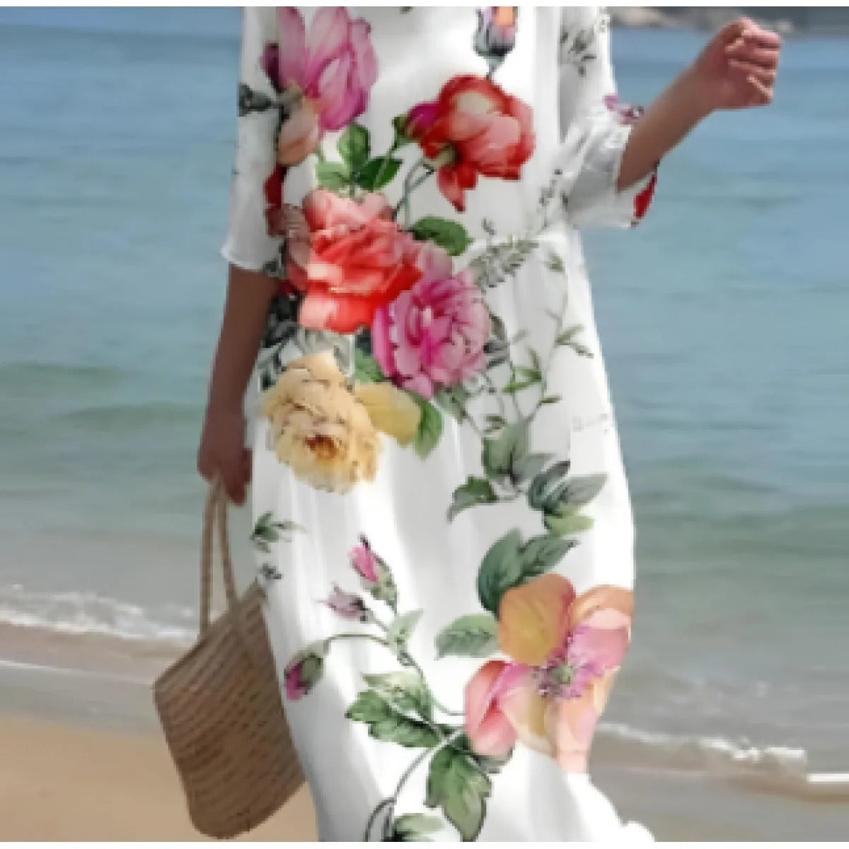 Women's Floral Midi Dress – Smocked Waist, 3/4 Sleeves