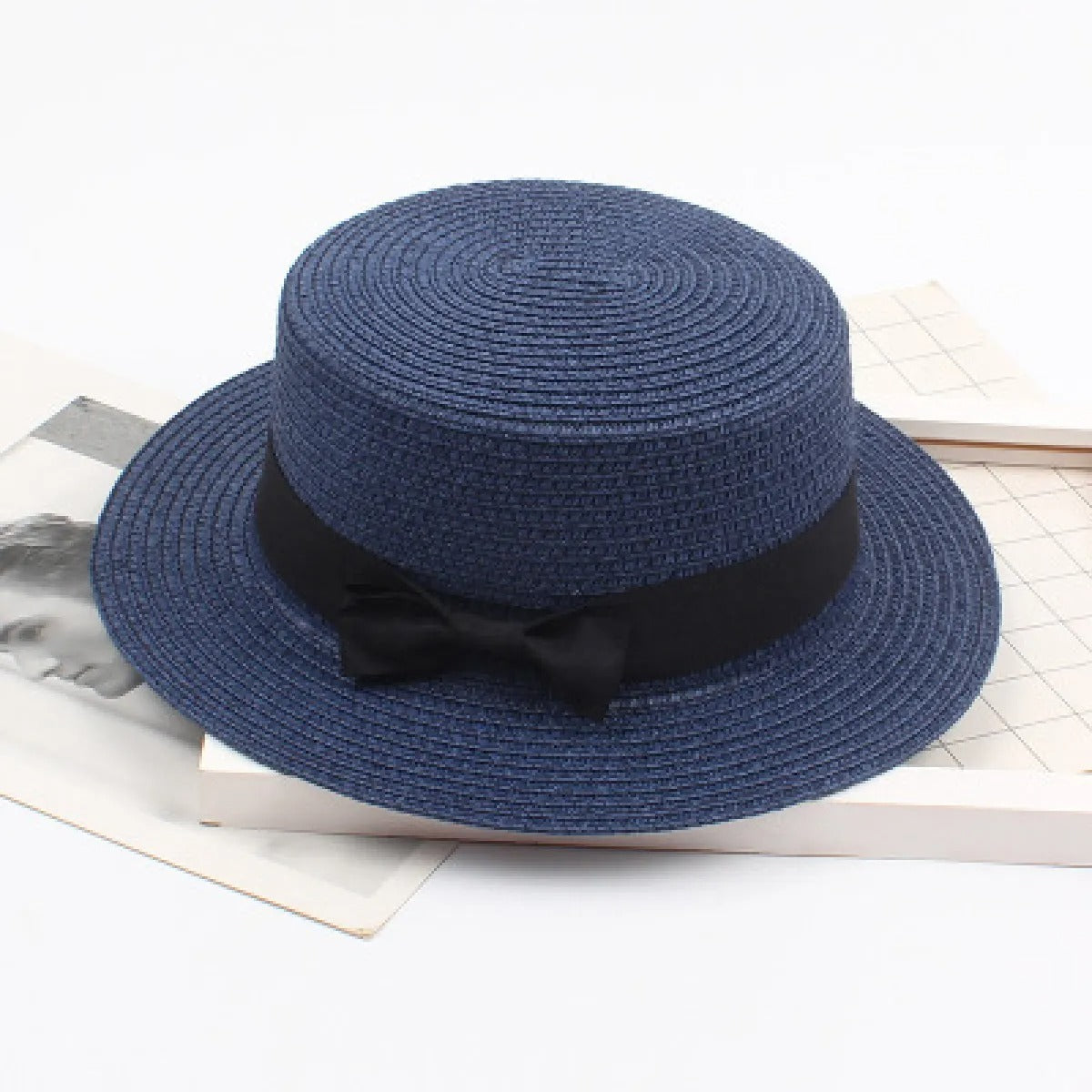 Women's Straw Boater Hat – Flat Crown Ribbon Band