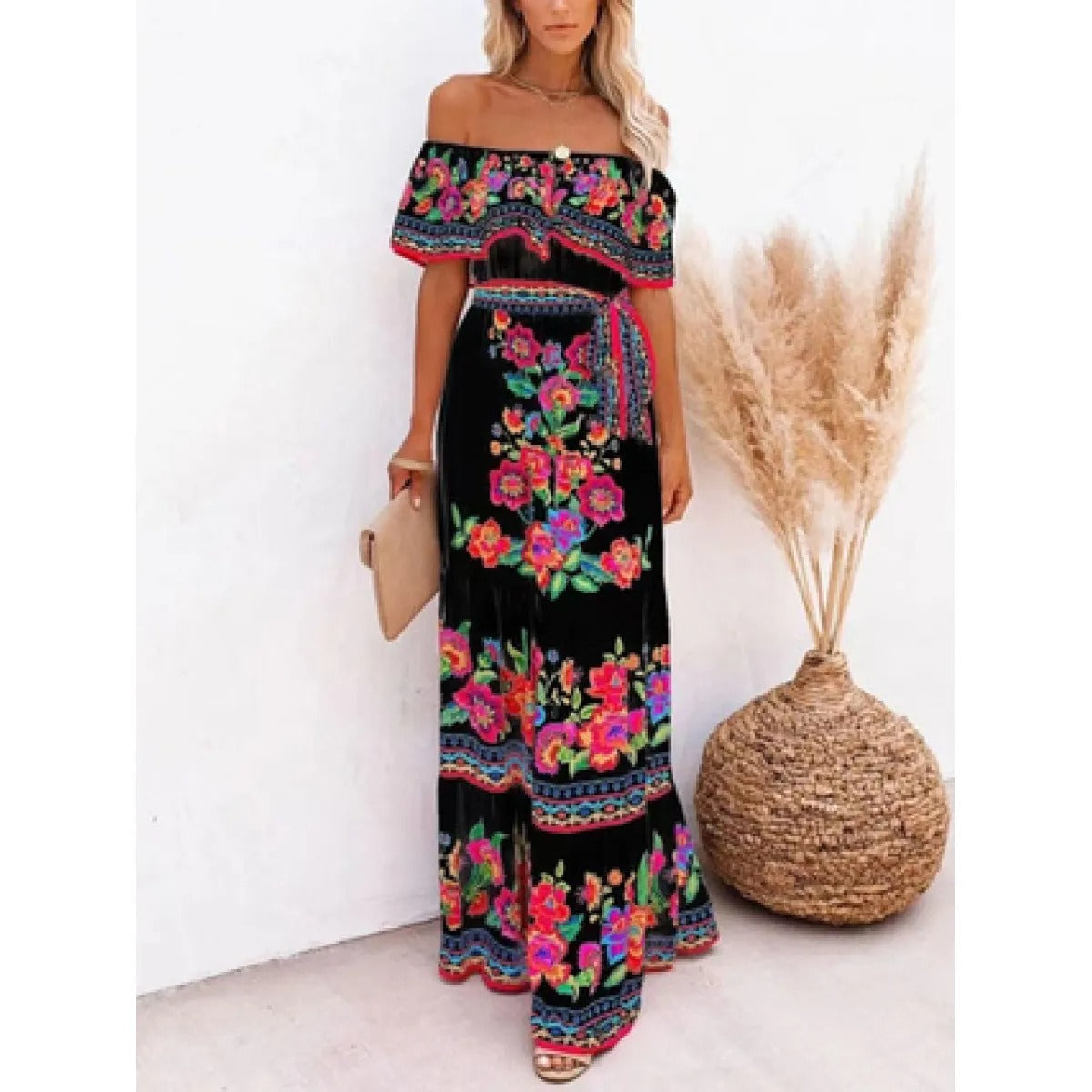 Women's Off-Shoulder Maxi Dress – Belted Flared Hem