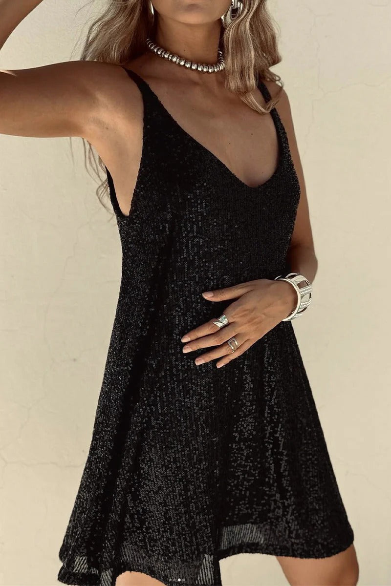 Women's Sequin Mini Dress – Plunging V-Back Bodycon