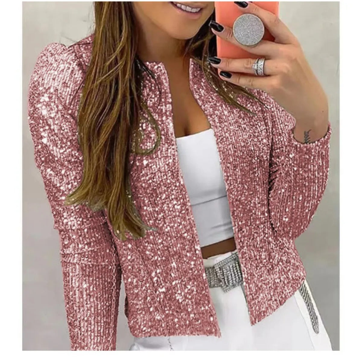 Women's Sequin Blazer – Cropped Open-Front Fit