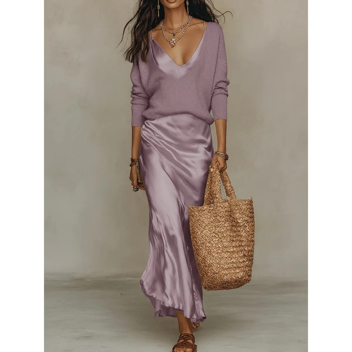 Women's Satin Midi Dress and Sweater Set – Ribbed Knit Layer