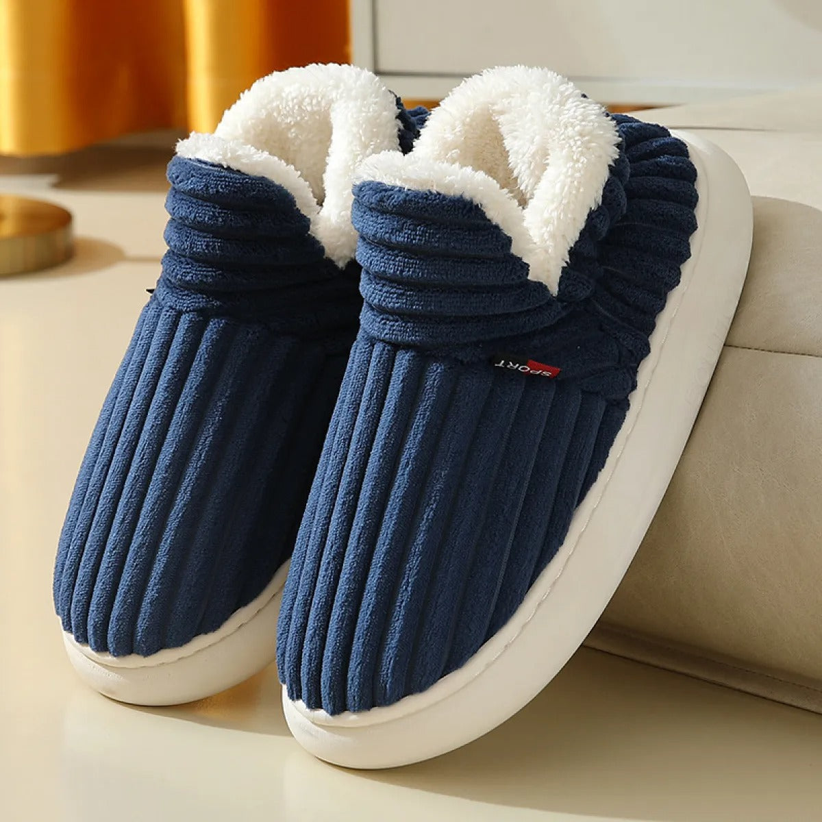Women's Striped Slippers – Plush-Lined Closed Toe