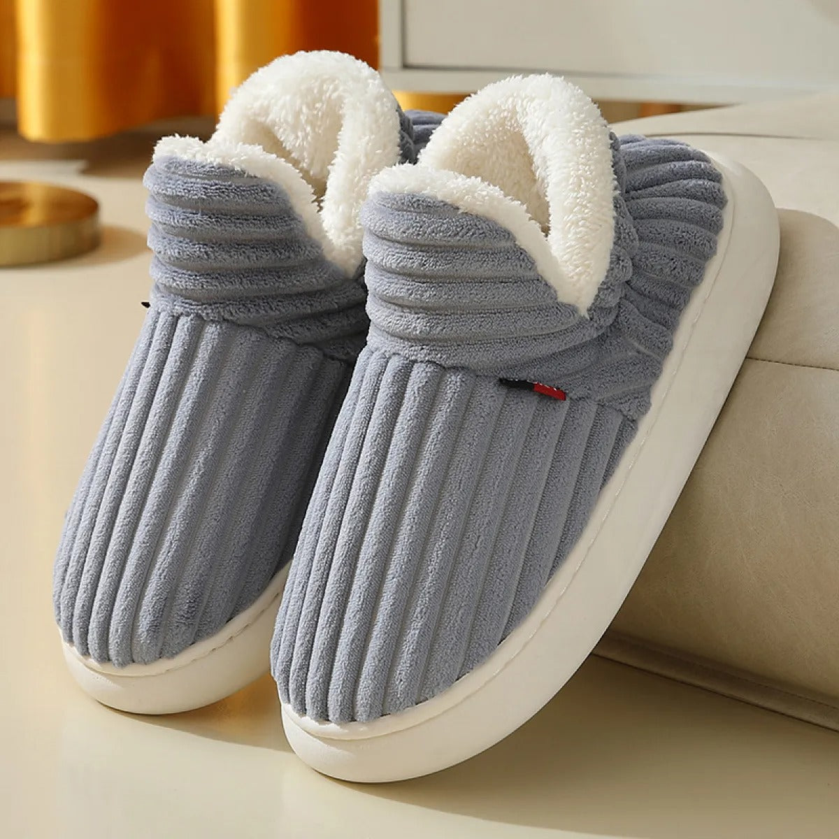 Women's Striped Slippers – Plush-Lined Closed Toe