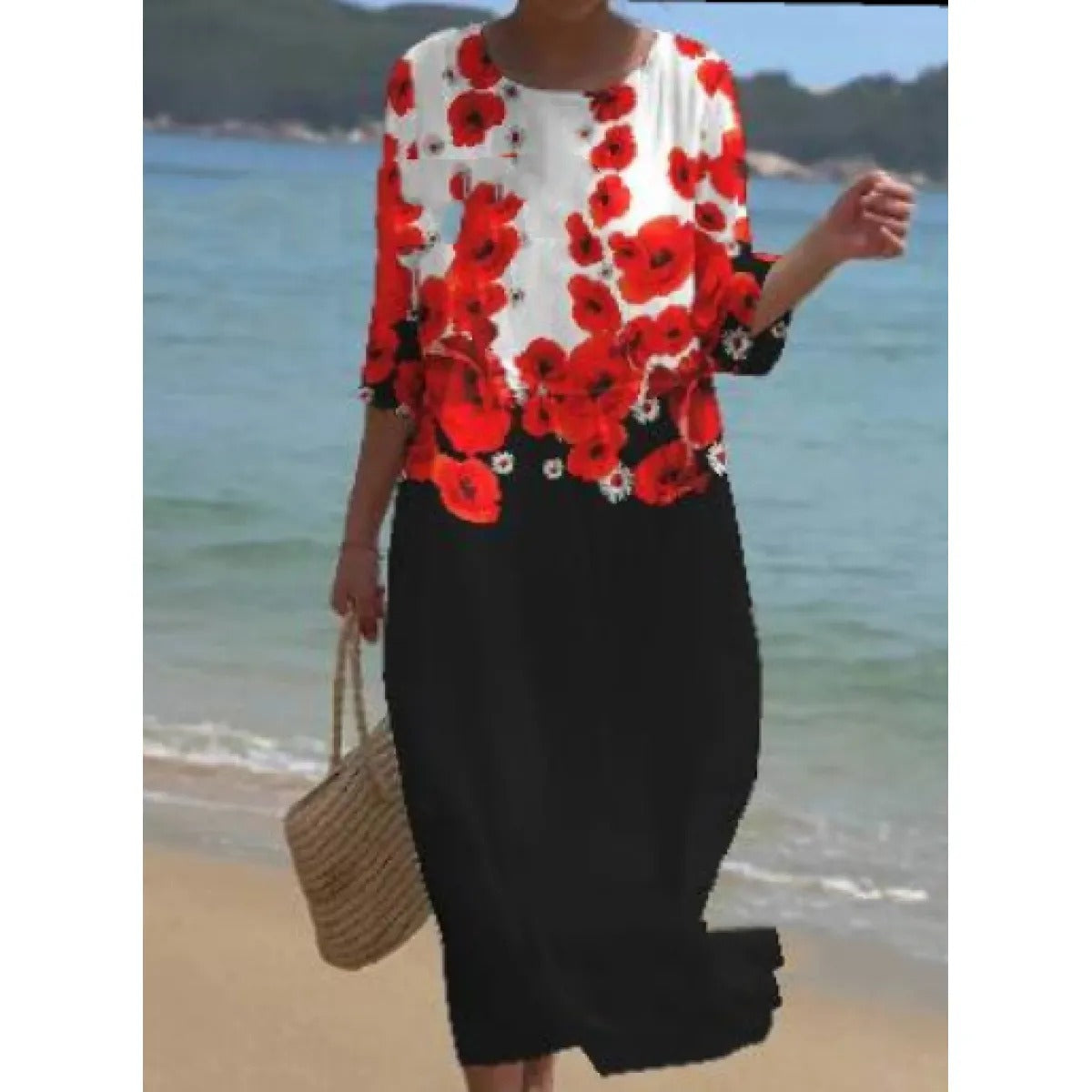 Women's Floral Midi Dress – Smocked Waist, 3/4 Sleeves