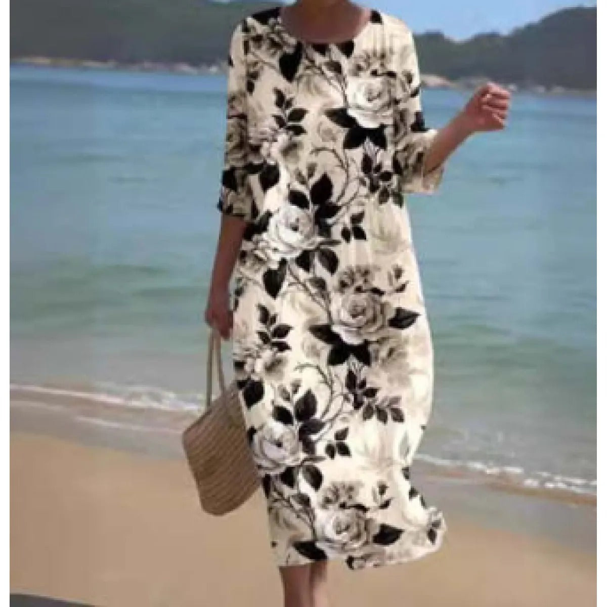 Women's Floral Midi Dress – Smocked Waist, 3/4 Sleeves